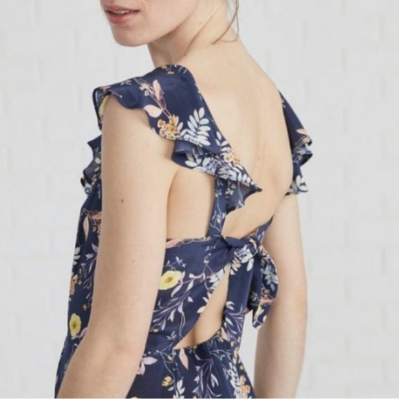 Amour Vert Silk Isabella Ruffle Open Back V-Neck Jumpsuit Floral Jardin Navy XS - Picture 2 of 7